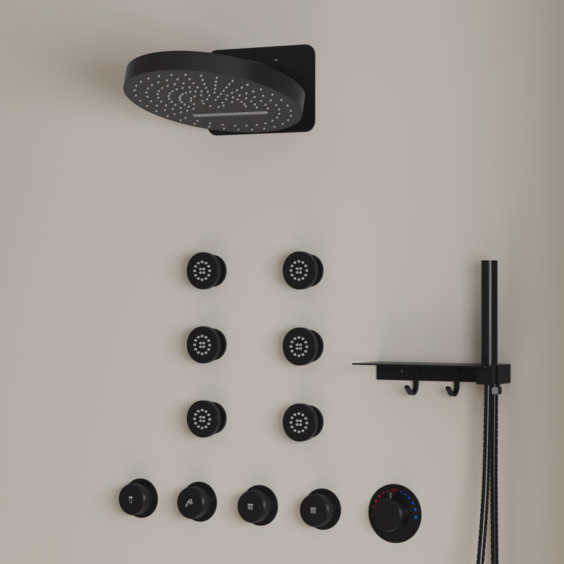 Wall Mounted Dual Thermostatic Shower Shower Faucet Set ,Waterfall & Rainfall Shower Head with Rough-In Valve, Matte Black