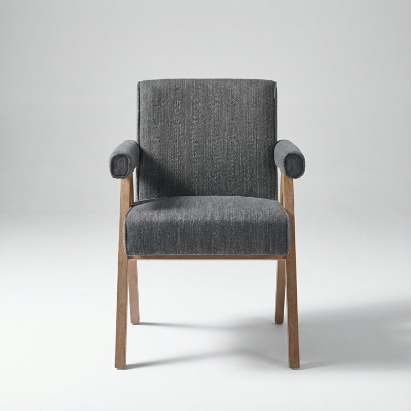 Fauteuil de salle à manger rembourré en tissu contemporain avec pieds en bois patiné, Gris anthracite