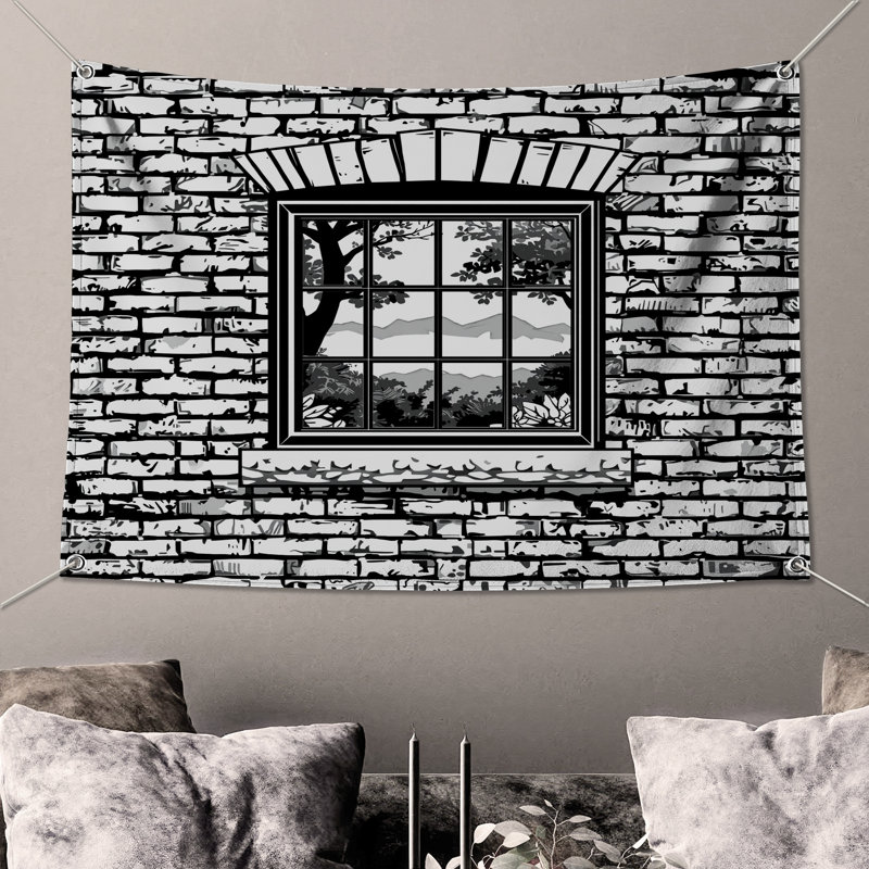 Tapisserie murale brique avec fenêtre - décoration murale fenêtre, 104in H x88 with 4 Grommets