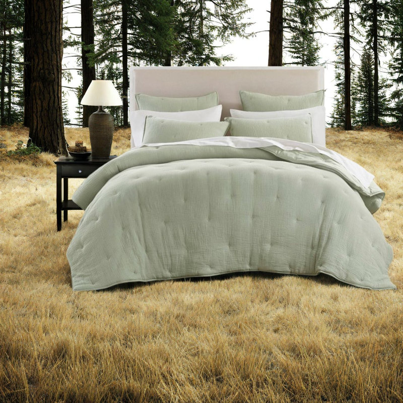Premium Cotton Bedding Sets, Soft Sage With Embroidered Design For All Seasons