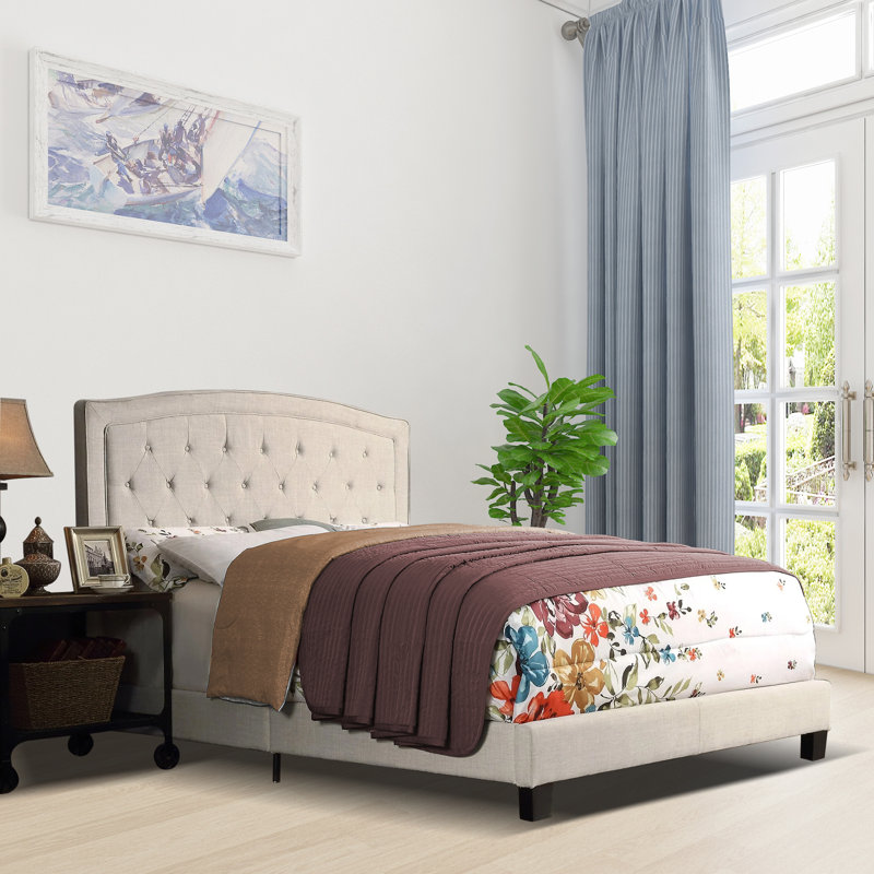 Lit tapissier rembourré avec tête de lit à hauteur ajustable, Double, Beige
