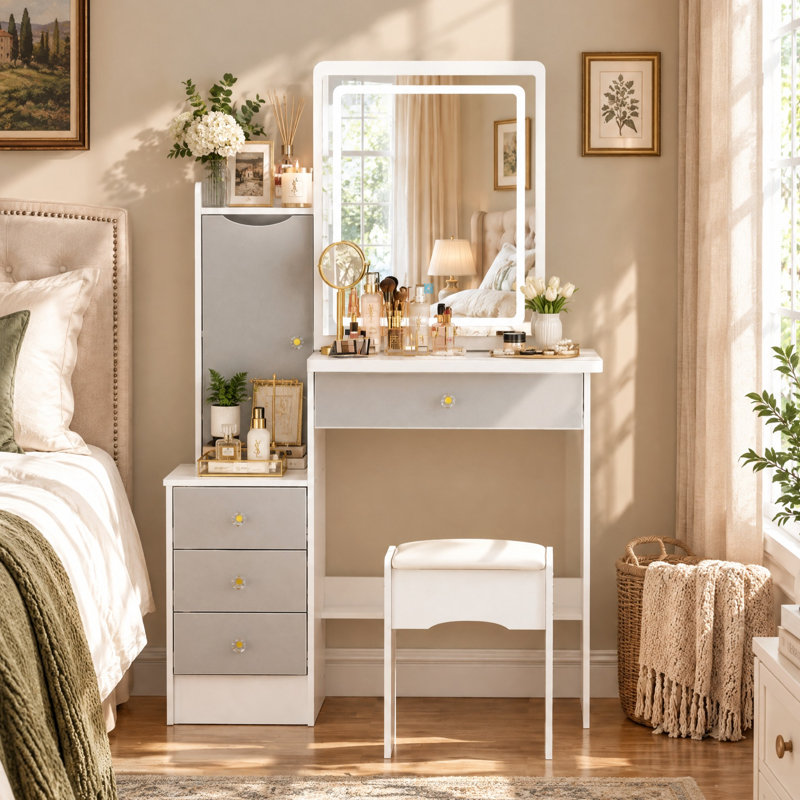 Ensemble coiffeuse de 89,4 cm de large avec miroir coulissant à DEL tricolore, rangement dissimulé, 4 tiroirs et tabouret rembourré