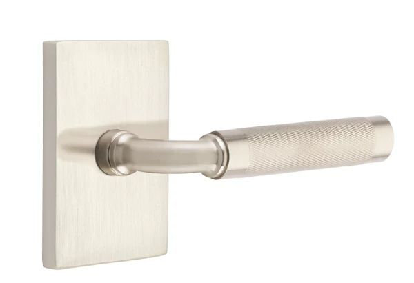 Mortaise intérieure Emtek Select Passage avec rosette rectangulaire moderne et tige en R, levier moleté, Nickel satiné