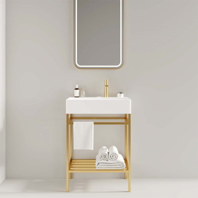 Ensemble de meuble-lavabo autoportant de 23,62 po avec lavabo en céramique, lavabo console sur pied, lavabo rectangulaire en céramique brillant sans robinet, pieds en métal ouverts, tablettes de rangement