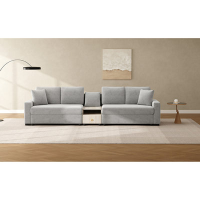 Canapé modulaire moderne avec accoudoirs de rangement, console centrale et coussins moelleux pour un salon confortable