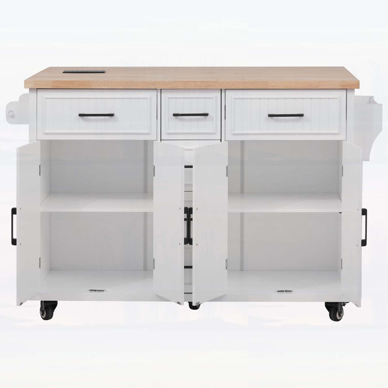Rolling Kitchen Island with Drop Leaf,Power Outlet,and Ample Storage,for Kitchen,Dining Room, White