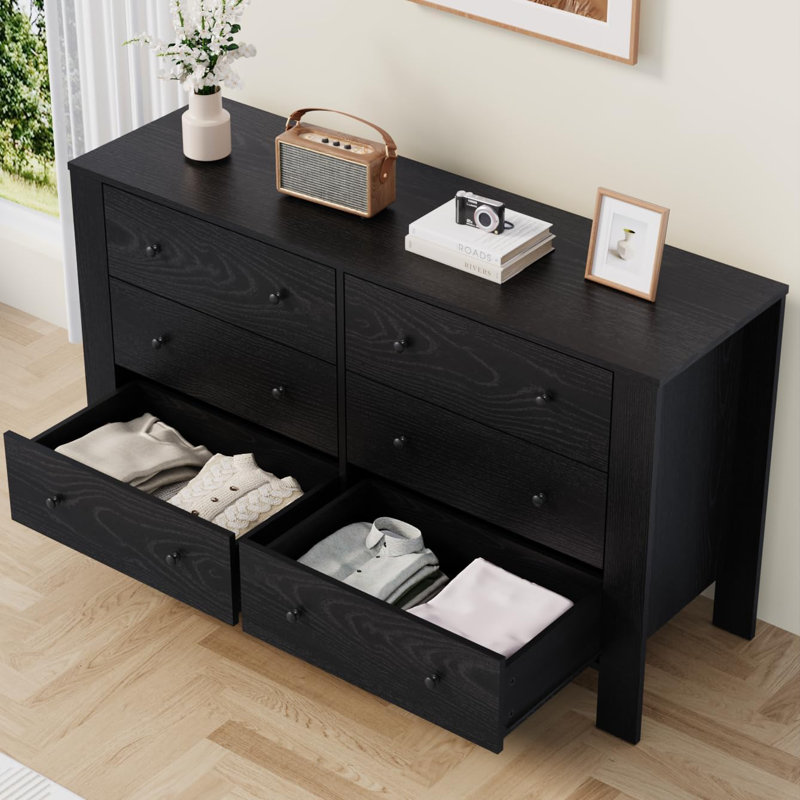 Commode 6 tiroirs pour la chambre à coucher - Commode moderne à tiroirs simples, commode en bois avec tiroirs profonds pour le salon, le couloir, le vestibule, noir