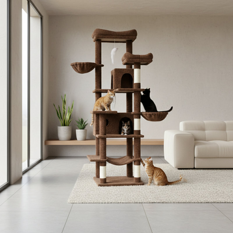 Arbre à chat 68 po de haut à plusieurs niveaux avec hamacs, panier suspendu, grotte pour chat, coussin amovible et poteaux à griffes