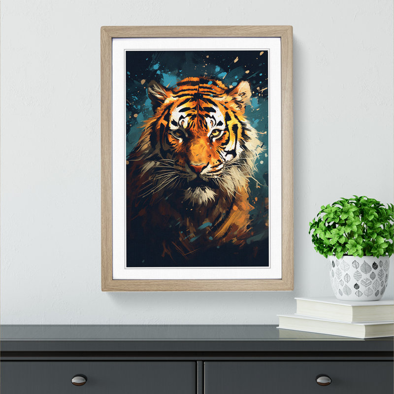 Tiger - Single Picture Frame Print on Wood, 34cm H x 25cm W, Oak Framed