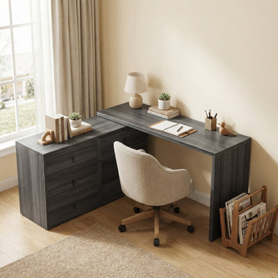 Bureau d'ordinateur en forme de L avec 6 tiroirs grain de bois noir