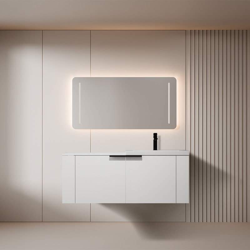 Ensemble de meuble-lavabo mural 48 po moderne pour grand espace, Bois de chêne, Blanc / chêne chêne