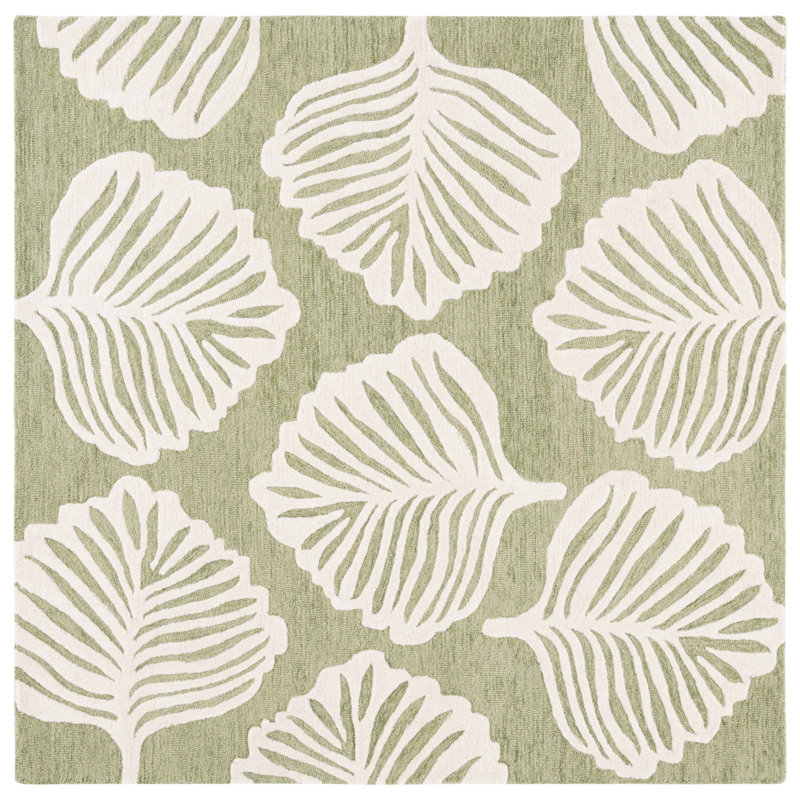 Meranda Blossom Hand Tufted Wool Cotton Floral Rug in Green/White, Square 6'