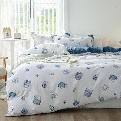 100% Washed Cotton Duvet Cover - Nautical Coastal Bedding Set Seashell Printed Comforter Cover Set With Zipper Closure 4 Ties