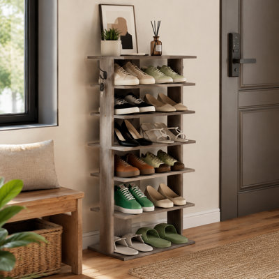 Rustic Gray Vertical 7-Tier Shoe Rack with Hooks, Space-Saving Entryway Shoe Tower, Holds 12-14 Pairs of Shoes, Simple to Assemble Shoe Storage Organi