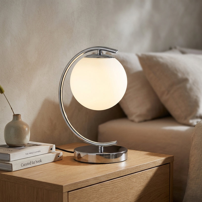 Lampe de table San Crystal Globe avec abat-jour en verre opale, lampe de table et de table de chevet minimaliste moderne, base en aluminium courbée, douille E26 pour le salon de la chambre à coucher