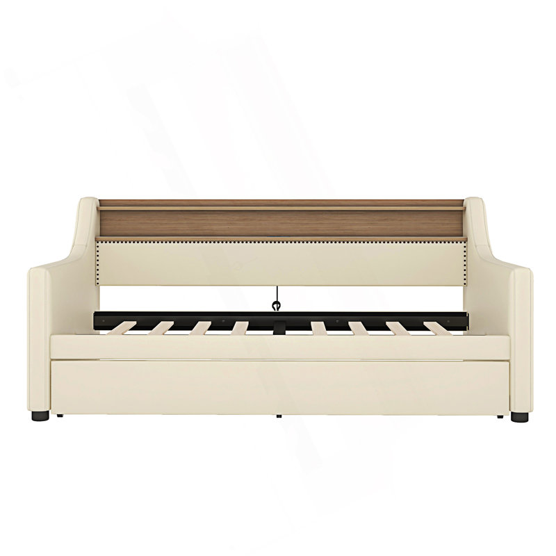 Modern Twin Size Daybed With Trundle Bed, Upholstered Daybed With Charging Station And Led Lights, Beige