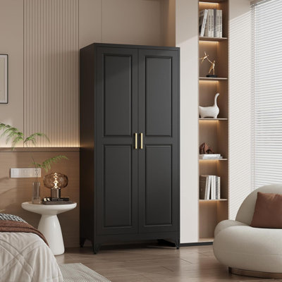 Metal Armoire Wardrobe Closet with Drawer, Black 71" Tall Armoire Wardrobes with Doors and Shelves, Metal Armoire Wardrobe Closet with Hanging Rod, for Bedroom