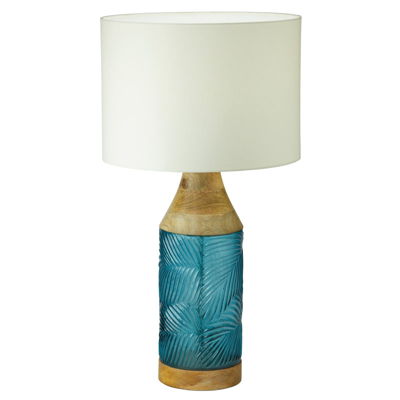 26"H Ajami Palm Leaf Glass Design and Mango Wood Table Lamp, Brown