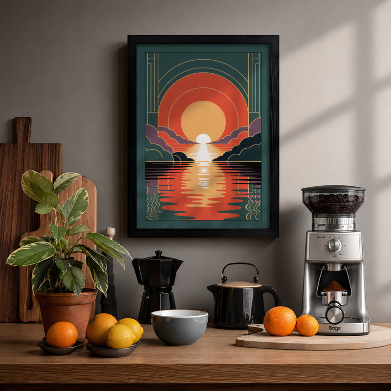Deco Sunset Gateway Art Deco - Framed Print, A4 - 29.7 x 21.0 cm, Black