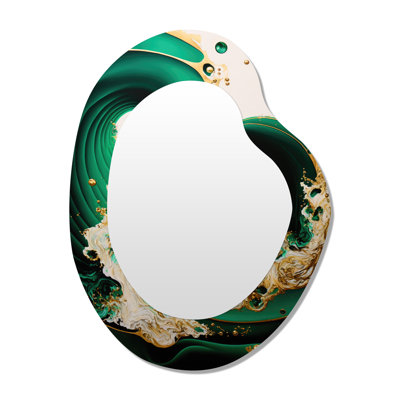 Emeraude vert et or abstrait vagues I - spirales abstraites forme unique miroir unique, grand miroir mural asymétrique vert, art imprimé en métal