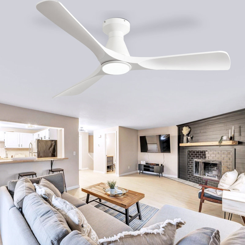 52 Inch White 3 Blade Flush Mount Low Profile Ceiling Fan with Lights and Remote, Dimmable Indoor Outdoor Fan with Remote APP Control Quiet DC Motor Timer