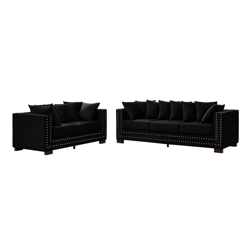 Canapé de salon noir moderne 2 + 3 places, revêtement en velours, accoudoirs carrés, clous argentés, pieds en bois massif à 5 places, accoudoirs avec sièges confortables, housses amovibles, fonction de rangement, ressort