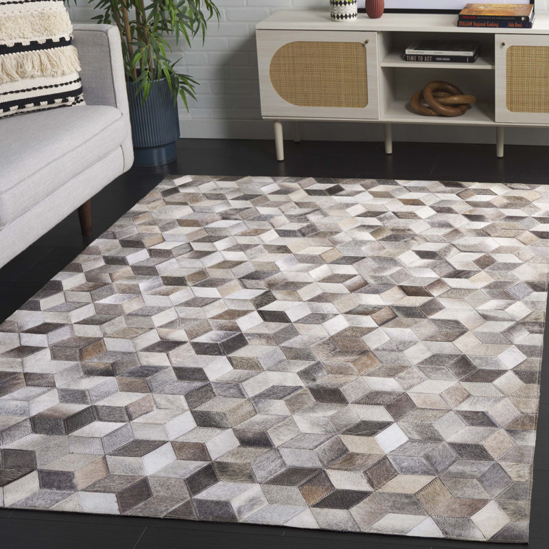 Yalaina Hand Woven Leather Geometric Rug, Rectangle 5' x 8'