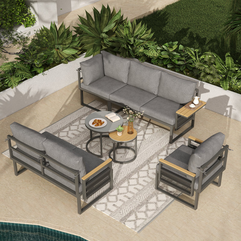 5-6 Seater Modular Outdoor Set With Adjustable Handrail Tables & Nesting Glass Tables