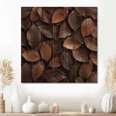 «Brown Sable Leaves II», art mural sur bois de feuilles - sur bois de pin naturel