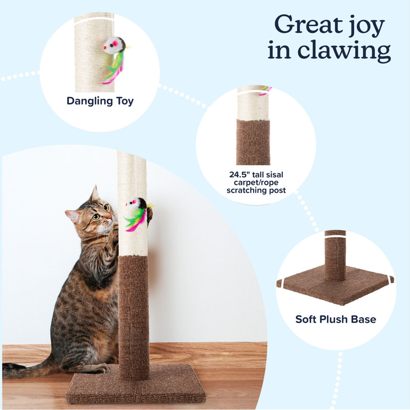 Petmaker 24.5-Inch Tall Cat Scratching Post – Durable and Easy to Assemble, Sisal Rope & Carpet Scratcher with Stable Base and Hanging Mouse Toy for Kittens and Large Cats