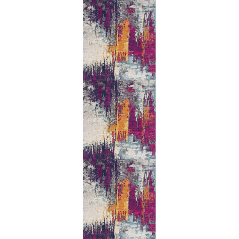 Tapis de couloir abstrait gris ivoire et magenta Comfort, Tapis de couloir 2 pi 3 po x 8 pi