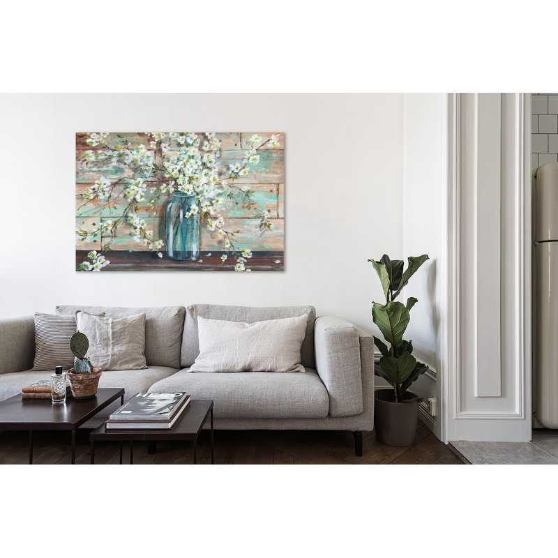 Blossoms In A Mason Jar II - Wrapped Canvas Painting, 71.1 cm H x 106.7 cm W