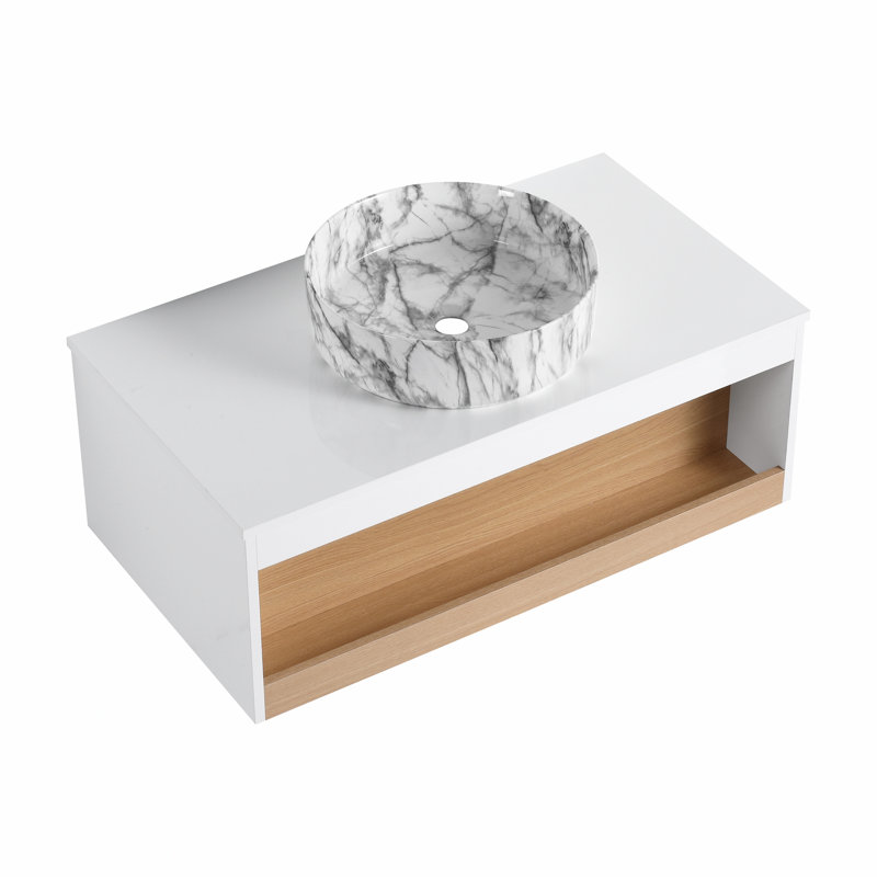 Meuble-lavabo flottant 36 po avec lavabo vasque rond et tablette ouverte 36 po, Grey Vein Marble