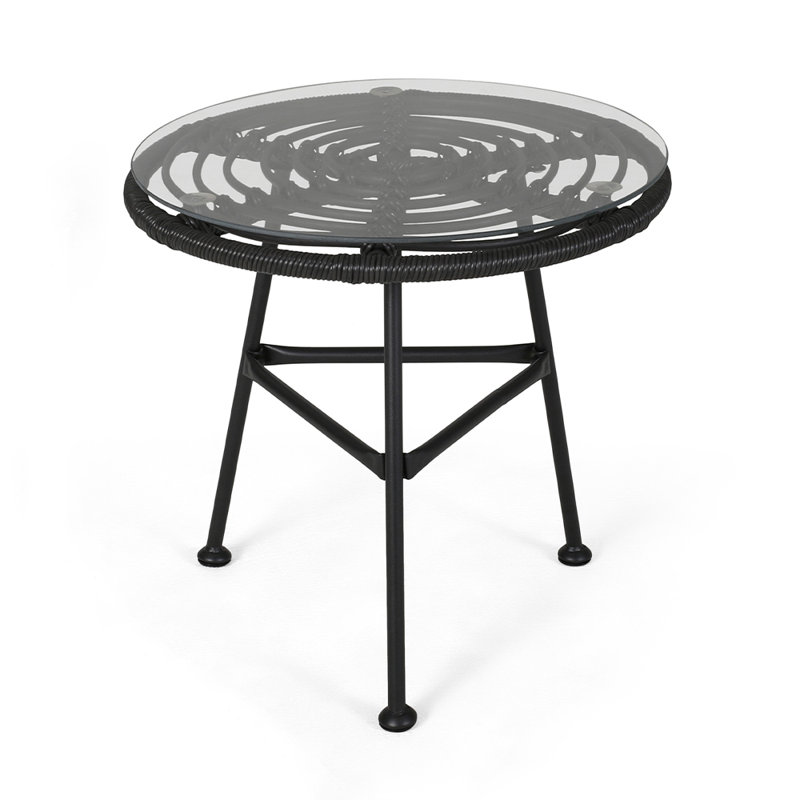 Gray and Black Round Faux Rattan Outdoor Side Table with Tempered Glass Top
