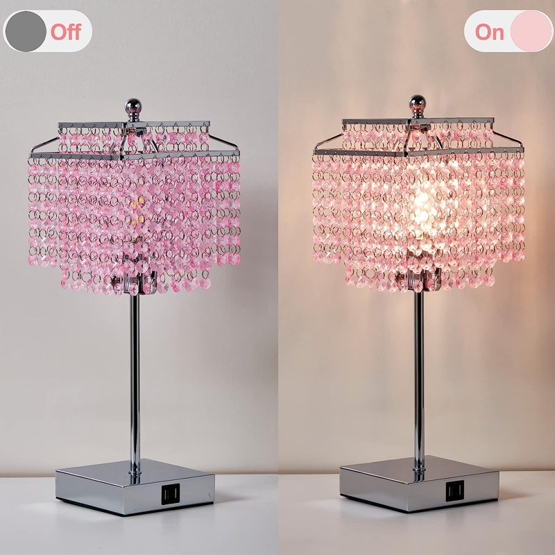 Deyontae Crystal Touch Table Lamp with USB C+A Ports, 3 Way Dimmable Lamp with Crystal Shade, Silver, Pink