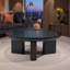 Table basse ronde moderne, en MDF brillant avec plateau concave et piètement à 3 pieds