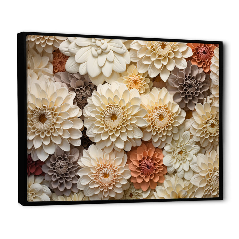 Minimalisme, fleurs de zinnias beiges sur toile, H 24 po x l 32 po x P 1 po, Cadre flottant noir