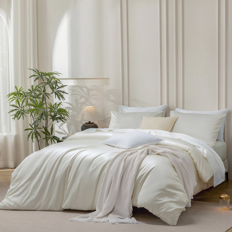 MooMee Duvet Cover Set Silky Sateen Look Luxury Sheen Zipper Closure & 8 Interior Ties 100% Long-Staple Cotton 600TC 