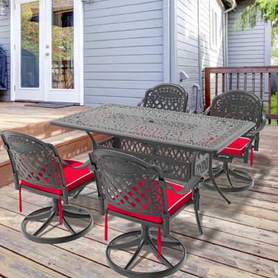 5 chaises en fonte d'aluminium - 4 chaises pivotantes et une table rectangulaire, noire, pour les éléments d'extérieur pour patio