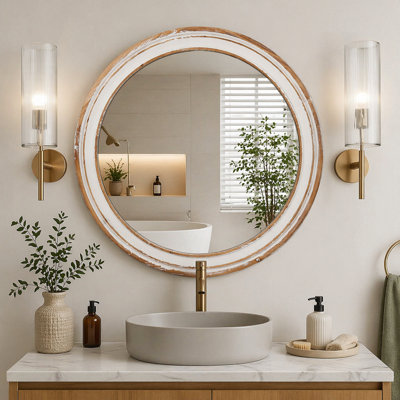 Wooden Farmhouse Round Wall Mirror for Bathroom Vanity
