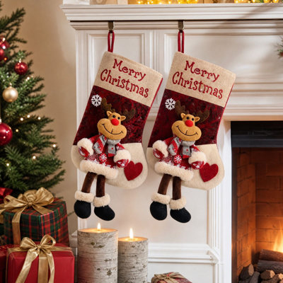 Décorations de Noël : Chaussettes de Noël (lot de 2), sacs-cadeaux avec poupée renne à longues pattes, broderie « Joyeux Noël », cadeau pour enfants, à suspendre au foyer, décoration de Noël pour la maison