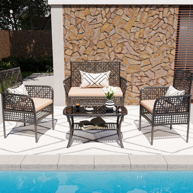 Ensemble de 4 chaises d'extérieur avec coussins en PE, coussins moelleux et table en verre trempé 4 pièces, Beige