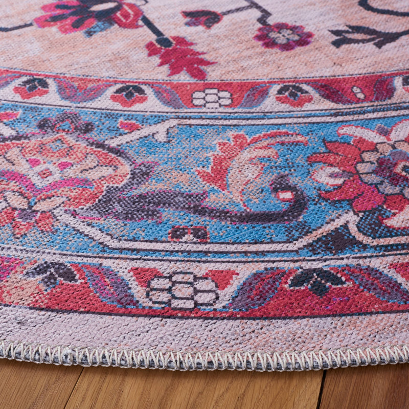 Aminah Ivory / Light Blue Machine Washable Rug, Round 6'7"