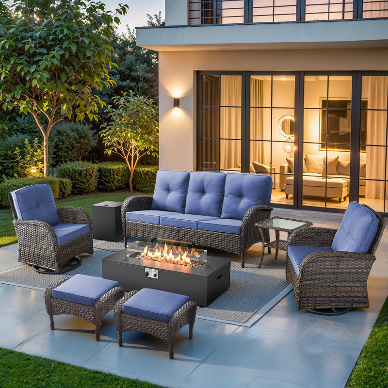 Bruner 7-Piece Swivel Wicker Rattan Patio Fire Pit Conversation Set With Hidden Tank Holder And Ottomans