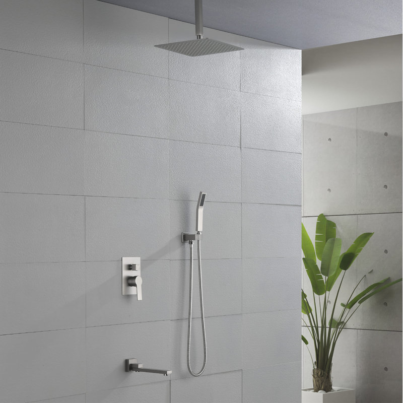 10 Inch Ceiling Mounted Tub Shower System With Handheld Shower Single Handle Shower Faucet Set Brass High Pressure Shower Trim Kit With Rough-In Valve