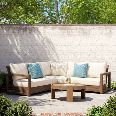Dawson Modern Acacia Wood Outdoor Sofa Sectional with Slatted Design and Oversized Cushions for Patio Garden Backyard
