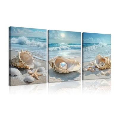 3Pcs Beach Themed Canvas Wall Art Summer Beach Waves Pictures Wall Decor Seashells Starfish And Pearl In Ocean Setting Coastal Prints Paintings Seaside Artwork For Living Room Bedroom Office Gift