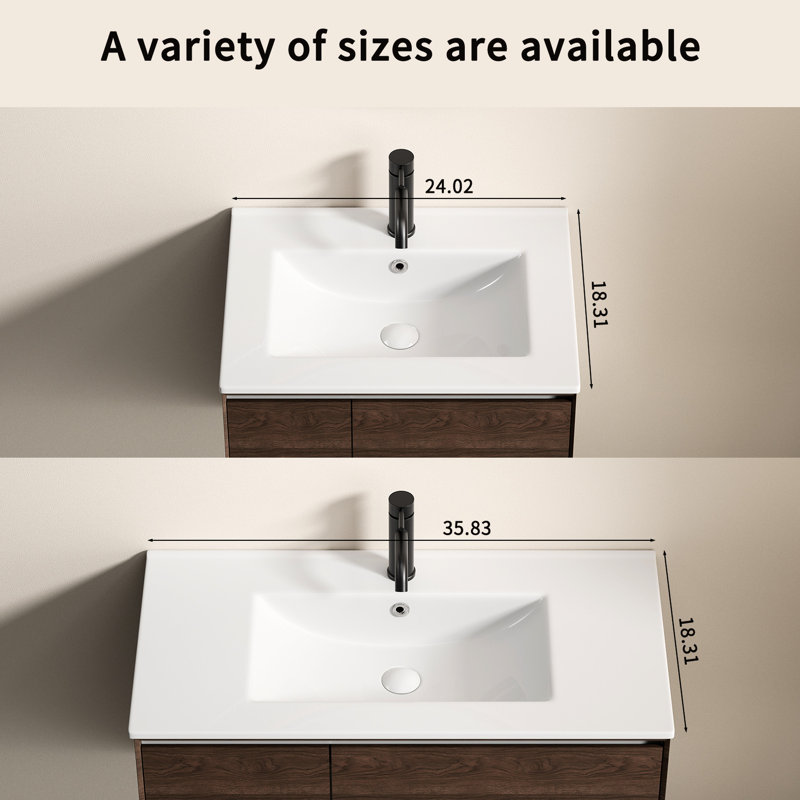 Lavabo vasque de salle de bain de 24 pouces en céramique blanche, porcelaine, conception ovale intégrée, trous pré-percés, lavabo à teinture brillante, construction en céramique et dommages, fonction de rangement pour les articles