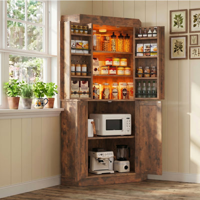 71" Brown Corner Pantry | Farmhouse Style, 4-Door Kitchen Storage
