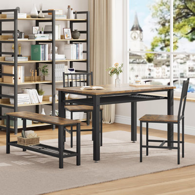 Compact 4-Piece Farmhouse Dining Table Set – Table, 2 Chairs, Storage Bench & Racks – Modern Dining Room Furniture for Small Spaces and Apartments